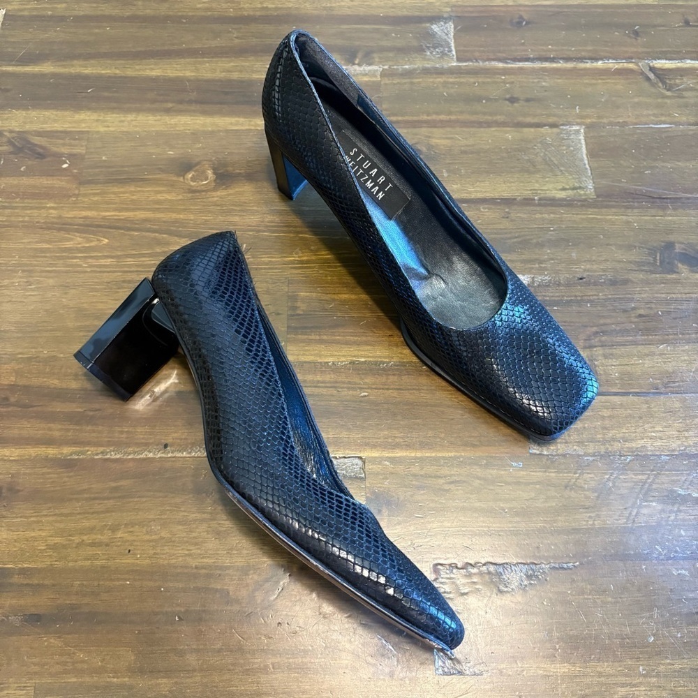 Stuart Weizman Count Black Diamond Square Toe Heels Pumps Snake Lizard Textured